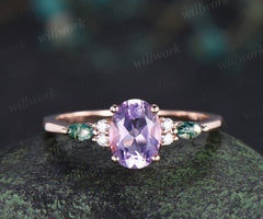 Oval cut Lavender amethyst ring romantic purple crystal engagement ring marquise moss agate moissanite seven stone wedding ring