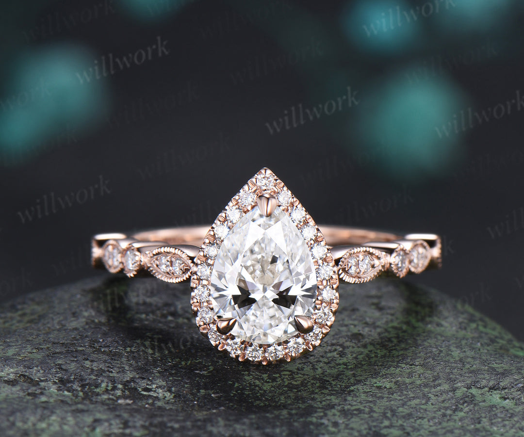 Vintage pear cut Lab grown diamond ring set halo half eternity diamond promise ring milgrain art deco band bridal set