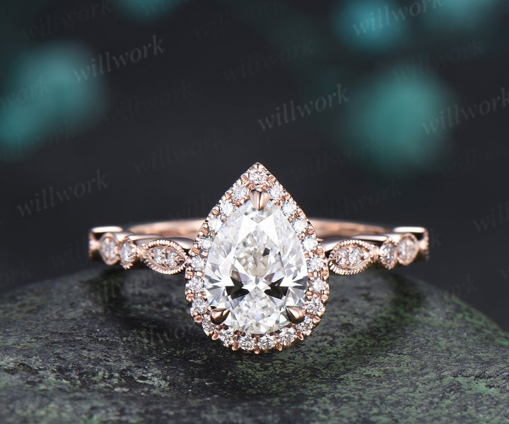 Vintage pear cut Lab grown diamond ring set halo half eternity diamond promise ring milgrain art deco band bridal set