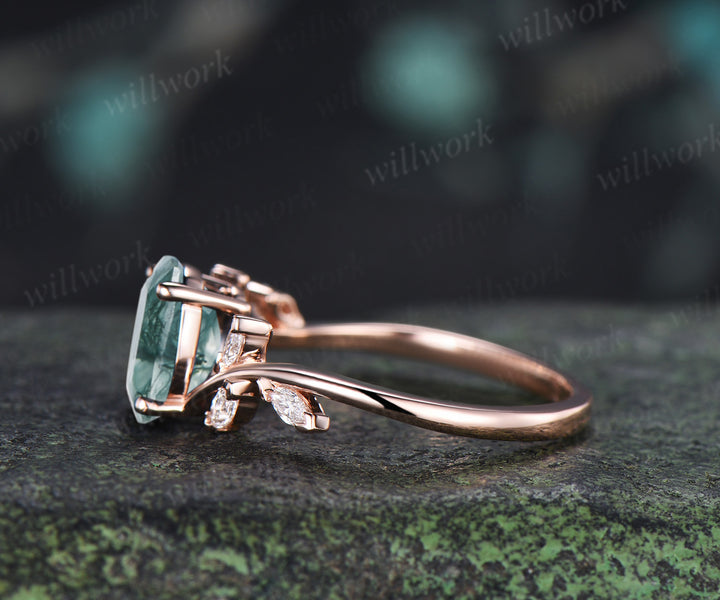 Oval Cut Moss Agate Engagement Ring Seven Stone Bypass Ring Marquise Moissanite Cluster Promise Ring Gifts