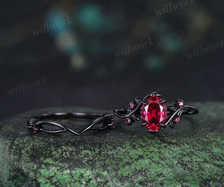 Oval ruby ring set nature inspired black gold engagement ring curved ruby infinity wedding band July birthstone gifts