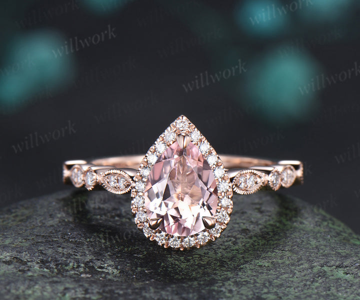 Vintage pear cut pink morganite engagement ring set diamond halo half eternity promise ring  milgrain wedding band bridal set