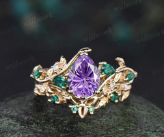 Teardrop Fireworks Cut Amethyst Engagement Ring Leafy Vine Emerald Accent Promise Ring Vintage Celtic Knot Wedding Band Bridal Set