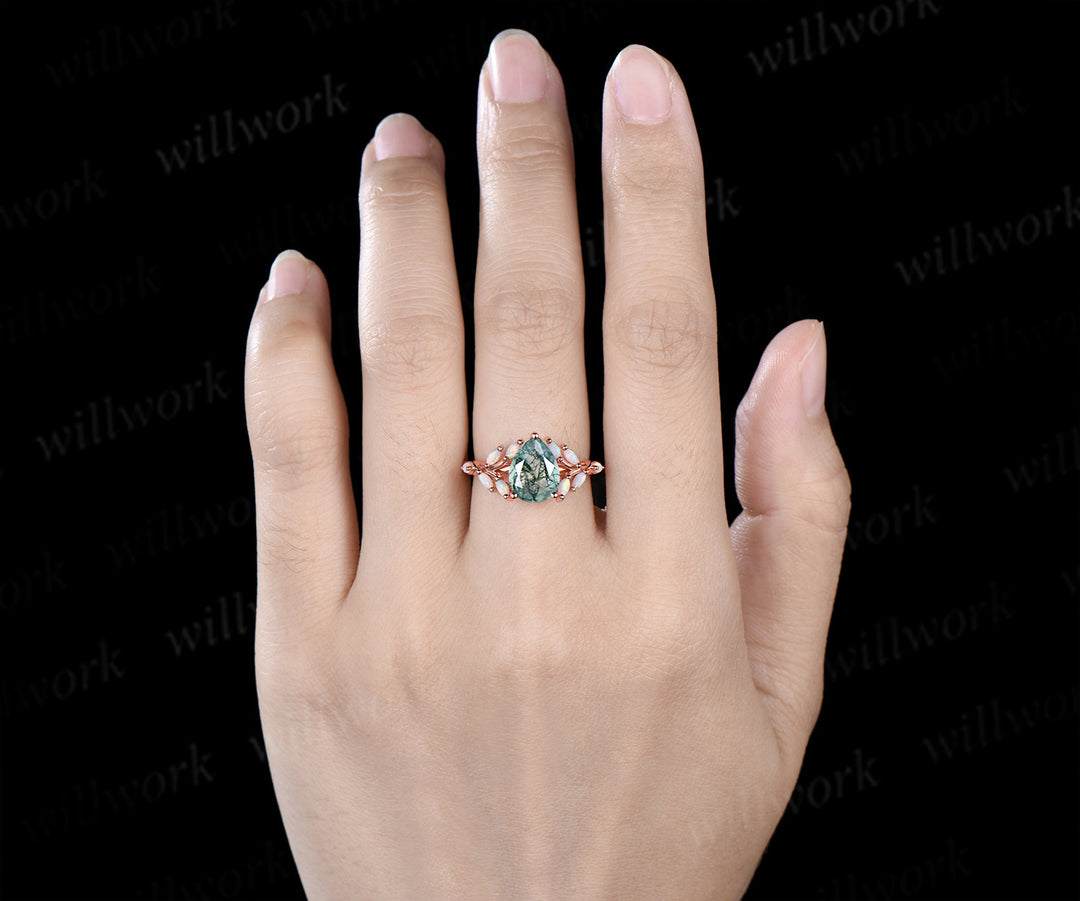 Unique pear moss agate ring leaf inspired opals engagement ring split shank bridal ring