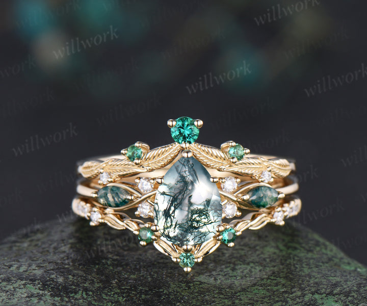 Nature inspired pear moss agate ring set marquise moss agate seven stone ring art deco emerald moissanites wedding band unique bridal set
