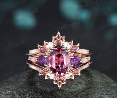 Oval Natural Pink Tourmaline Engagement Ring Set Five Stone Amethyst Opal Art Deco Moissanite Enhancer Band Bridal Set