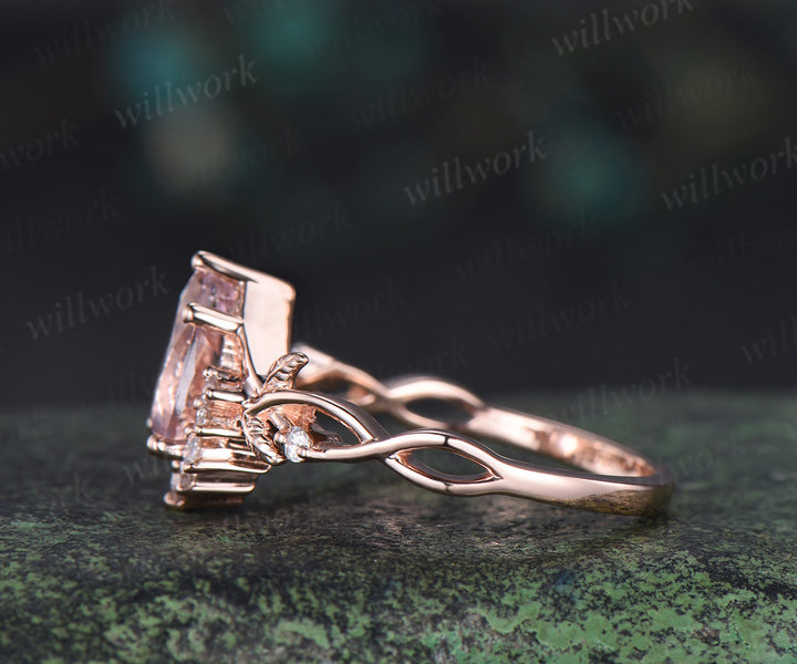 Pear shaped natural pink morganite engagemet ring art deco diamond leaf twig split shank ring soild rose gold bridal ring