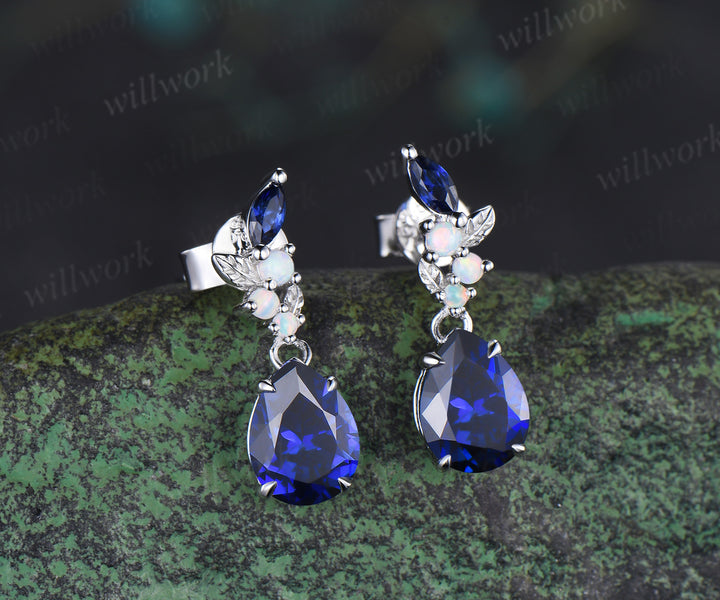 Pear cut sapphire earrings leaf opal marquise sapphire drop earrings September jewelry for her