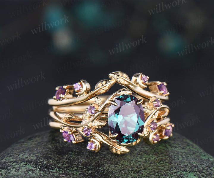 Oval alexandrite engagement ring set leaf twig amethysts ring double layer enhancer wraps band unique brial set