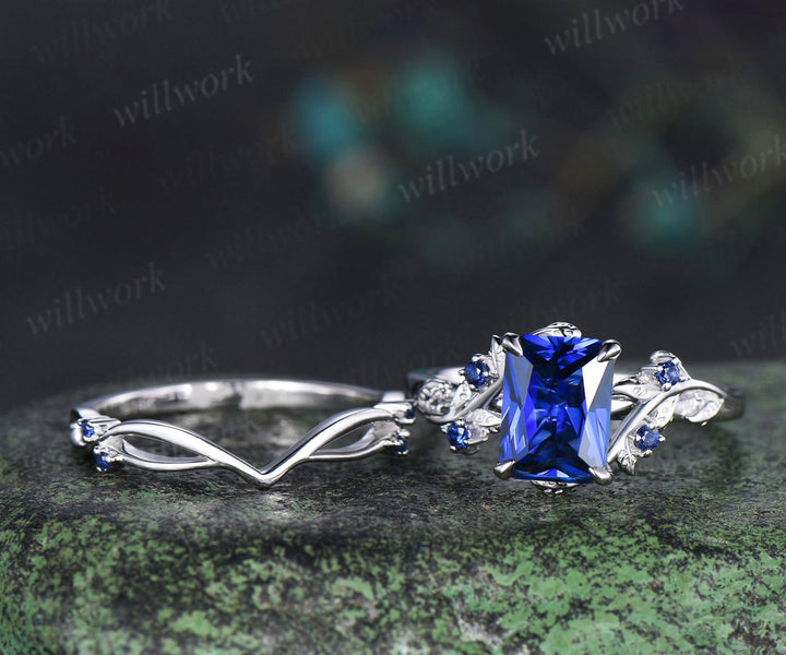 Vintage Radiant cut sapphire engagement ring twig leaf nature inspired sapphire ring art deco matching band unique bridal set