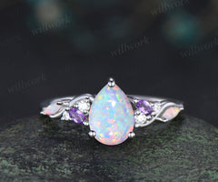 Pear opal engagement ring fire opal amethyst moissanite cluster ring October birthstone jewelry gifts for women