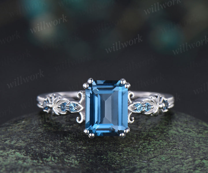 Vintage emerald cut London blue topaz engagement ring set filigree art deco blue topaz ring half eternity alexandrite wedding band bridal set