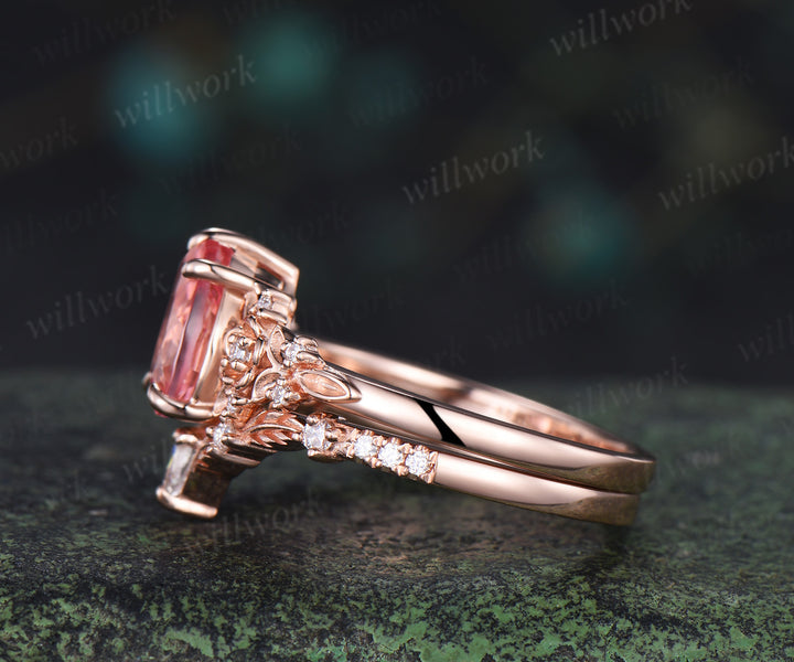 Vintage pear padparadscha pink sapphire bridal set 5 claw prong leaf floral moissanite wedding promise ring