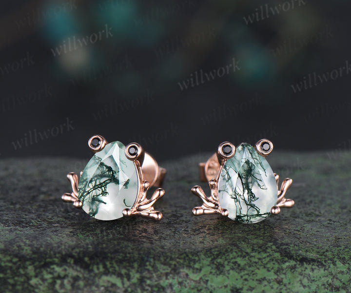 Frog stud earrings pear moss agate black spinels rose gold nature animal jewelry gift