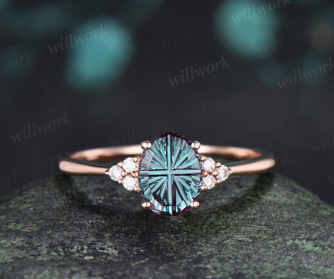 Oval Fantasy Cut Alexandrite Engagement Ring Set Moissanite Cluster Ring Star Wedding Band Color Change Gemstone Bridal Set