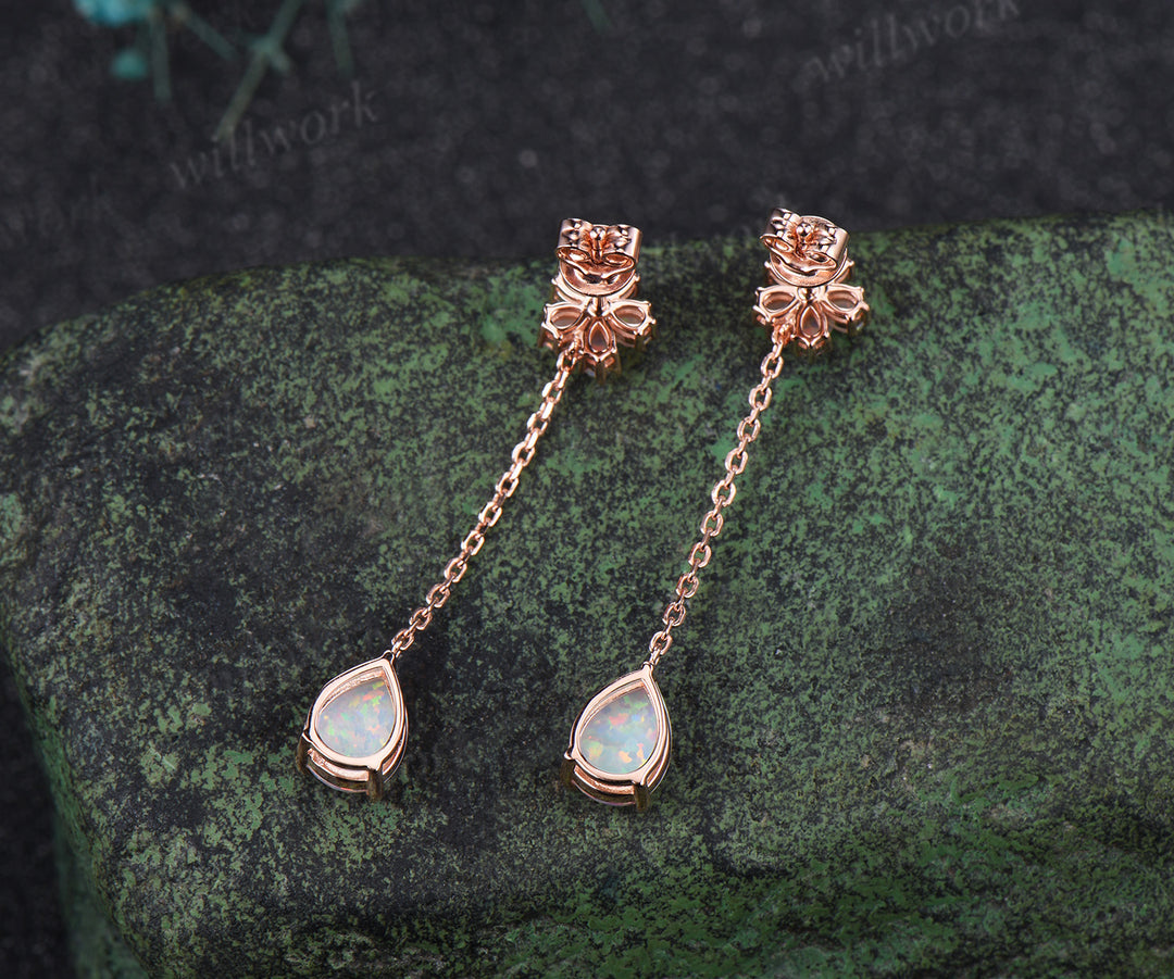 Pear cut opal threader earrings flower drop earrings dainty opal earrings birthday anniversary wedding gifts