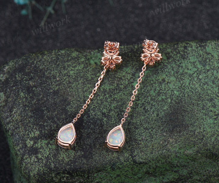 Pear cut opal threader earrings flower drop earrings dainty opal earrings birthday anniversary wedding gifts