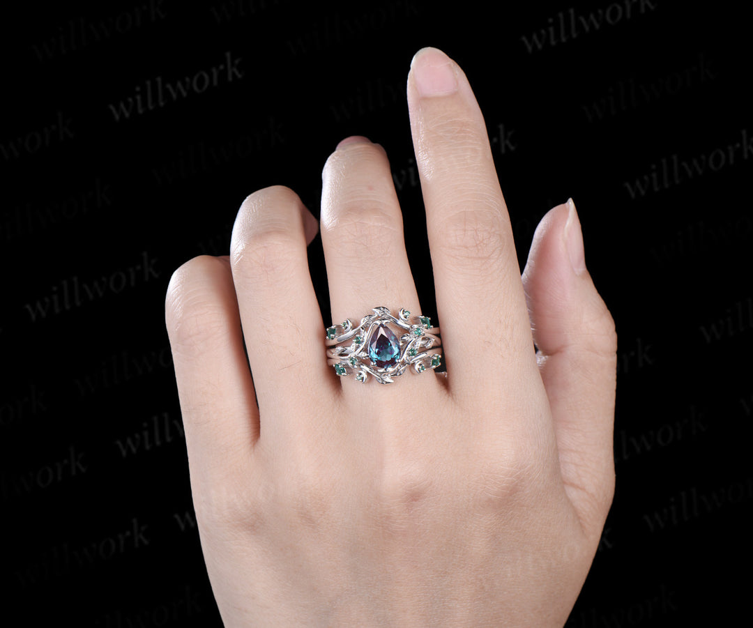 Vintage pear alexandrite engagement ring set leaf twig art deco emerald ring double layer emerald enhancer band unique brial set