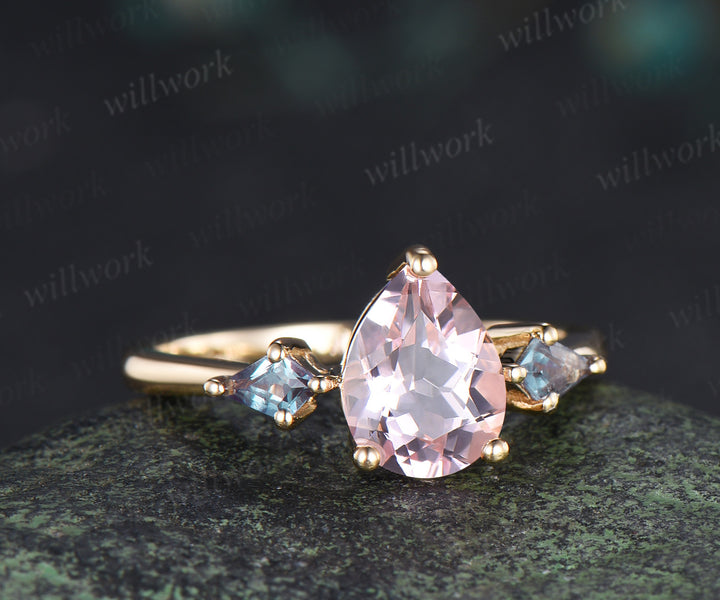Nature pear pink morganite engagement ring minimalistic three stone unique kite cut alexandrite ring anniversary ring for women