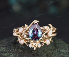 Pear cut alexandrite engagement ring set leaf twig moon opal moissanite ring celtic knot bezel opal wedding ring band enchanting bridal set