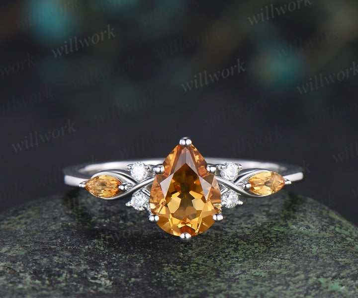 Pear Citrine Seven Stone Engagement Ring & Bold Tungsten Men Wedding Band Couple Rings