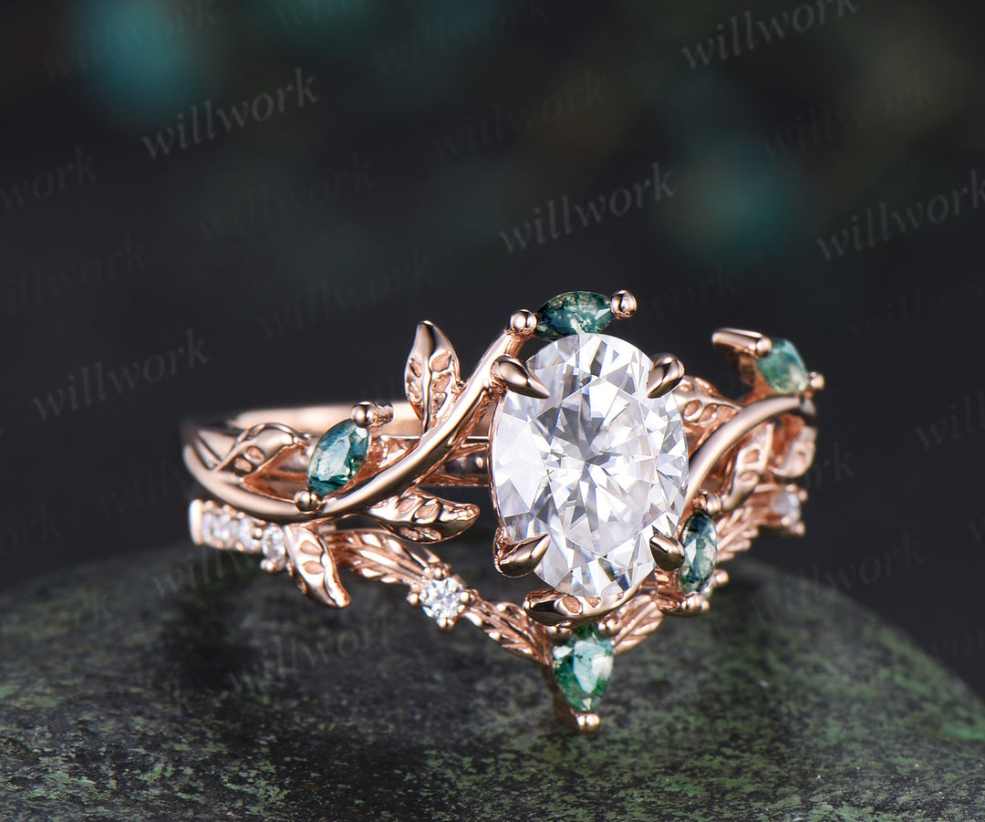 Vintage oval cut lab grown diamond engagement ring set leaf twig moss agates ring natural inspired bridal set