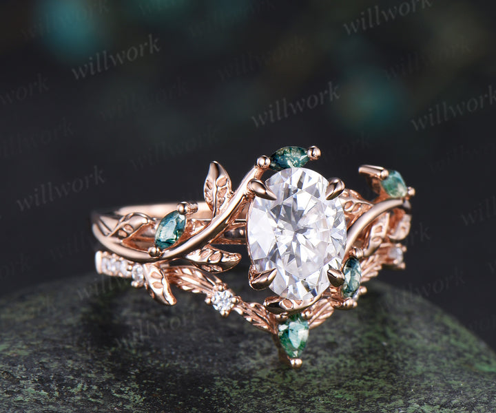 Vintage oval cut lab grown diamond engagement ring set leaf twig moss agates ring natural inspired bridal set
