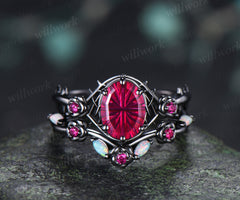 Gothic Oval Fantasy Cut Ruby Engagement Ring Set Black Gold Rose Thorn Ring Opal & Ruby Accent Matching Wedding Band Unique Bridal Set