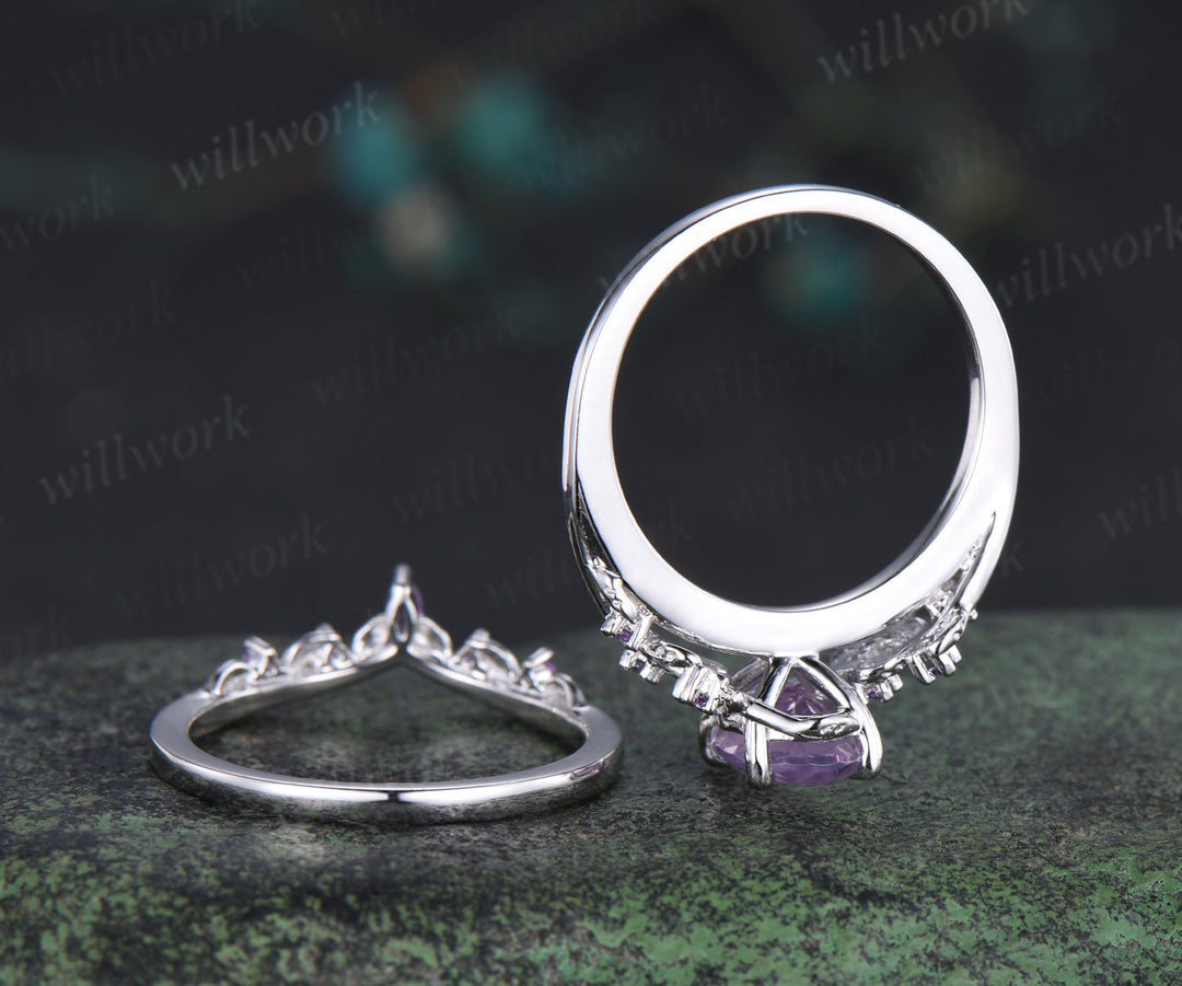 Vintage oval cut Lavender Amethyst engagement ring set amethyst leaf ring curved marquise purple crystal band unique bridal set