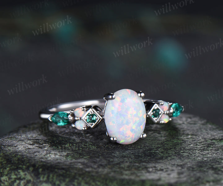 Oval Opal Engagement Ring Square Shape Emerald Accent Ring Vintage White Opal Bridal Ring