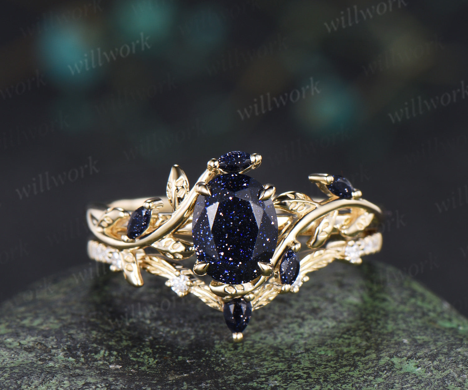 Nature Inspired Oval Blue Sandstone Leaf Ring Set & Tungsten Gold