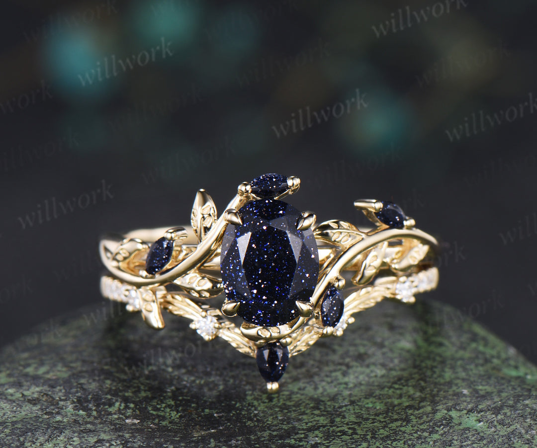 Nature Inspired Oval Blue Sandstone Leaf Ring Set & Tungsten Gold Flakes Men's Ring Unique Couple Wedding Rings