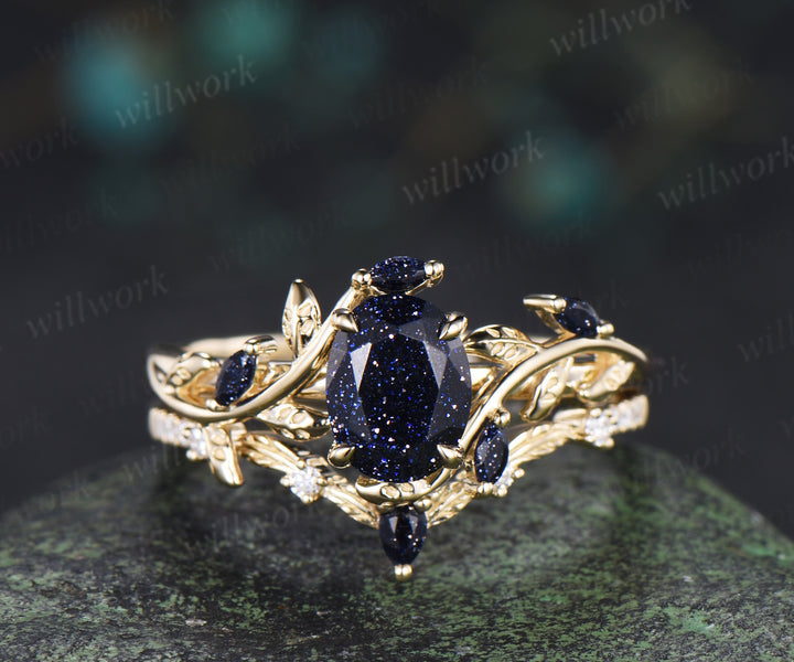 Nature Inspired Oval Blue Sandstone Leaf Ring Set & Tungsten Gold Flakes Men's Ring Unique Couple Wedding Rings