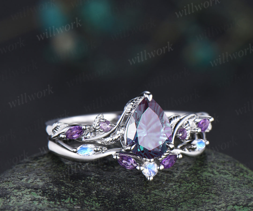 Fireworks cut Alexandrite ring white gold nature inspired bridal ring set leaf amethyst moonstone band gifts for her