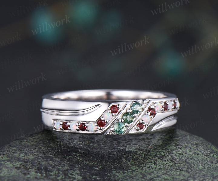 Pear Moss Agate Twig Leaf Ring Set & 5mm Moss Agate Opal Garnet Men Ring Unique Couple Ring Set