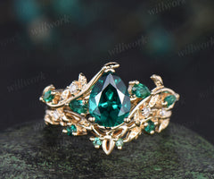 Vintage pear cut emerald engagement ring set pear emerald leaf twig ring celtic knot leaf wedding band unique bridal set
