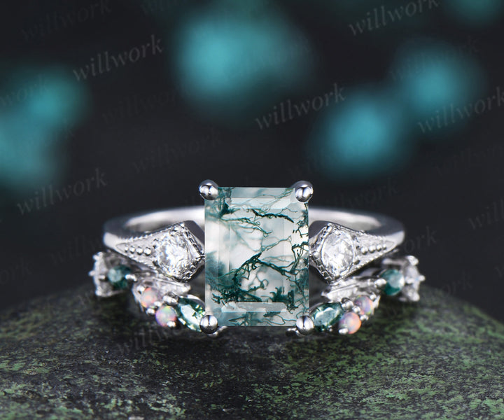 Emerald cut moss agate ring set milgrain moissanite three stone ring moss agate leaf open gap wedding band bridal set