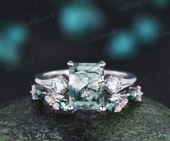 Emerald cut moss agate ring set milgrain moissanite three stone ring moss agate leaf open gap wedding band bridal set