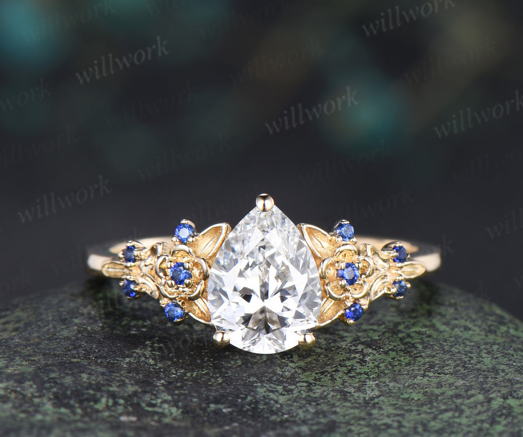 Vintage Pear IGI Lab Grown Diamond Engagement Ring Set Leaf Froral Blue Sapphire Accent Ring Nature Inspired Bridal Set