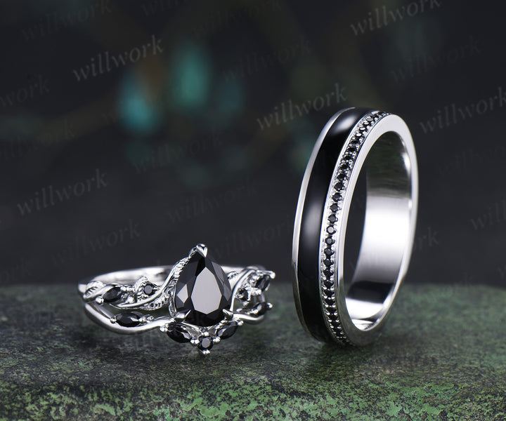 Pear Cut Black Onyx Leaf Twig Bridal Ring Set & Full Eternity Black Onyx Black Spinels Men Ring Unique Couple Ring Set