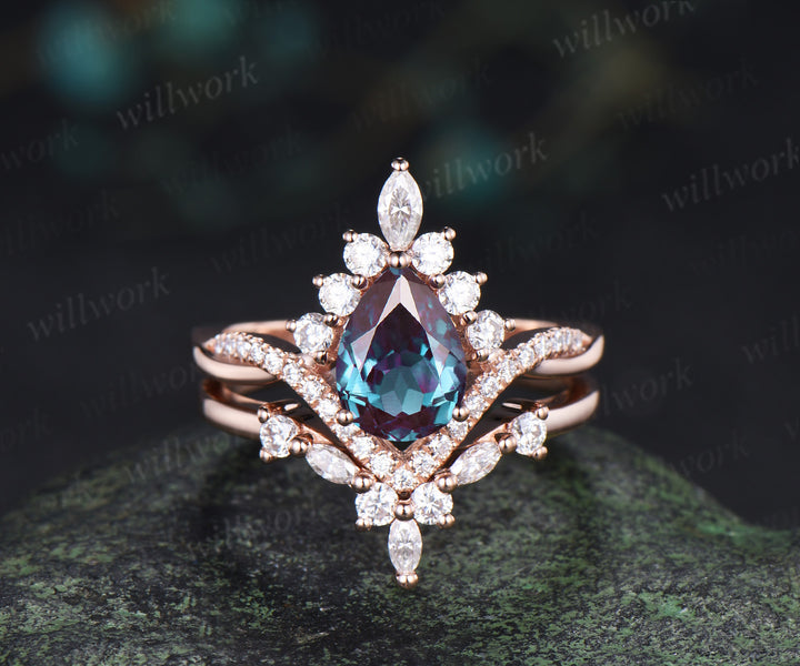 Pear Alexandrite engagement ring set halo art deco moissanite twisted ring set curved matching wedding band jewelry set