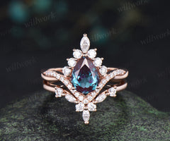 Pear Alexandrite engagement ring set halo art deco moissanite twisted ring set curved matching wedding band jewelry set