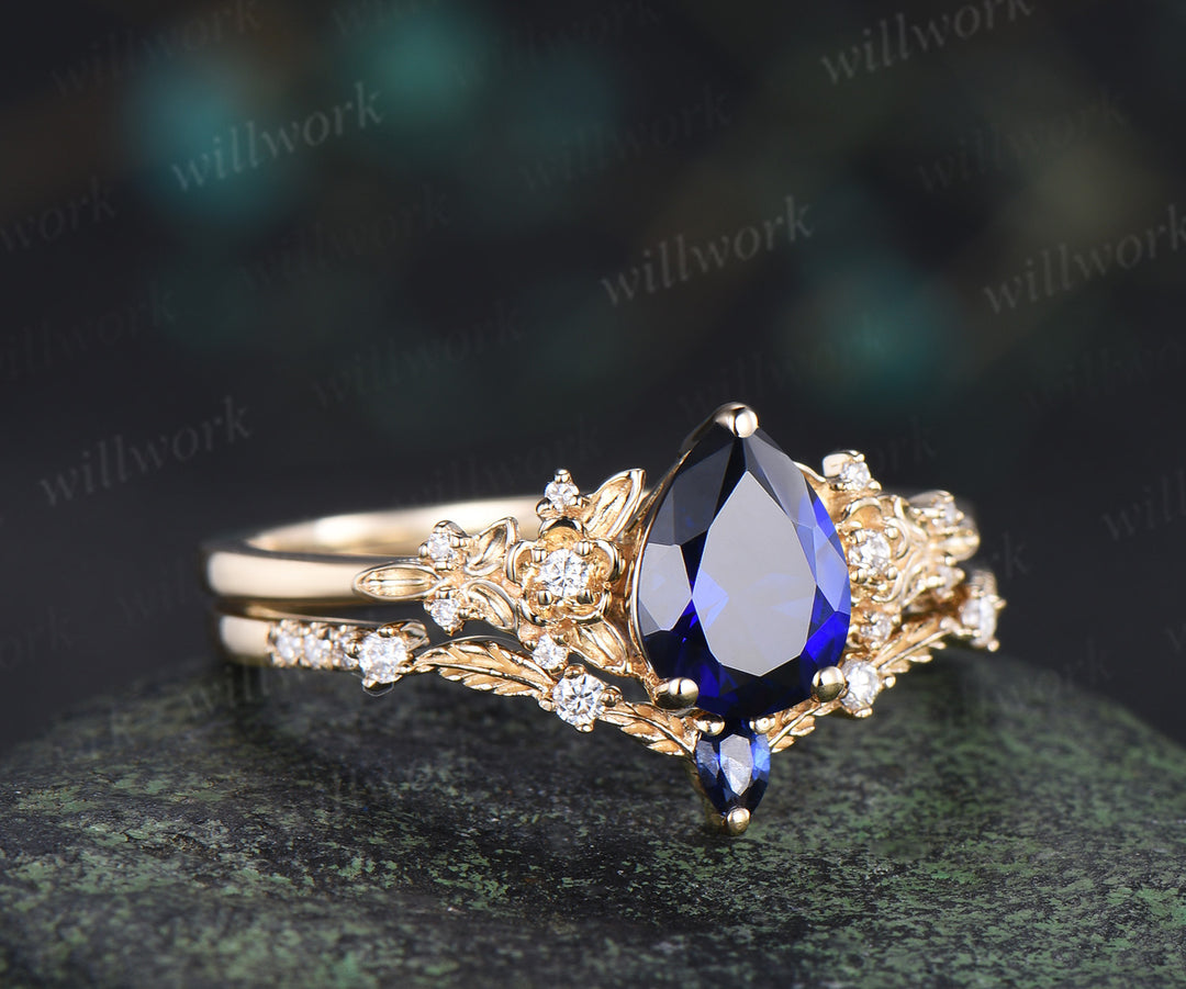 Nature Inspired Pear Sapphire Leaf Twig Ring Set & Tungsten Galaxy Nebula Men Blue Sandstone Band Couple Ring Set