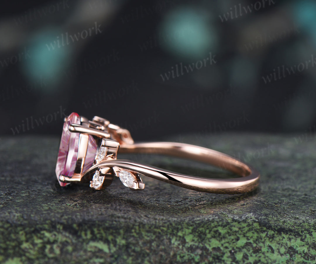 Oval Fantasy Cut Padparadscha Engagement Ring Moissanite Seven Stone Bypass Ring Unique Pink Sapphire Bridal Ring