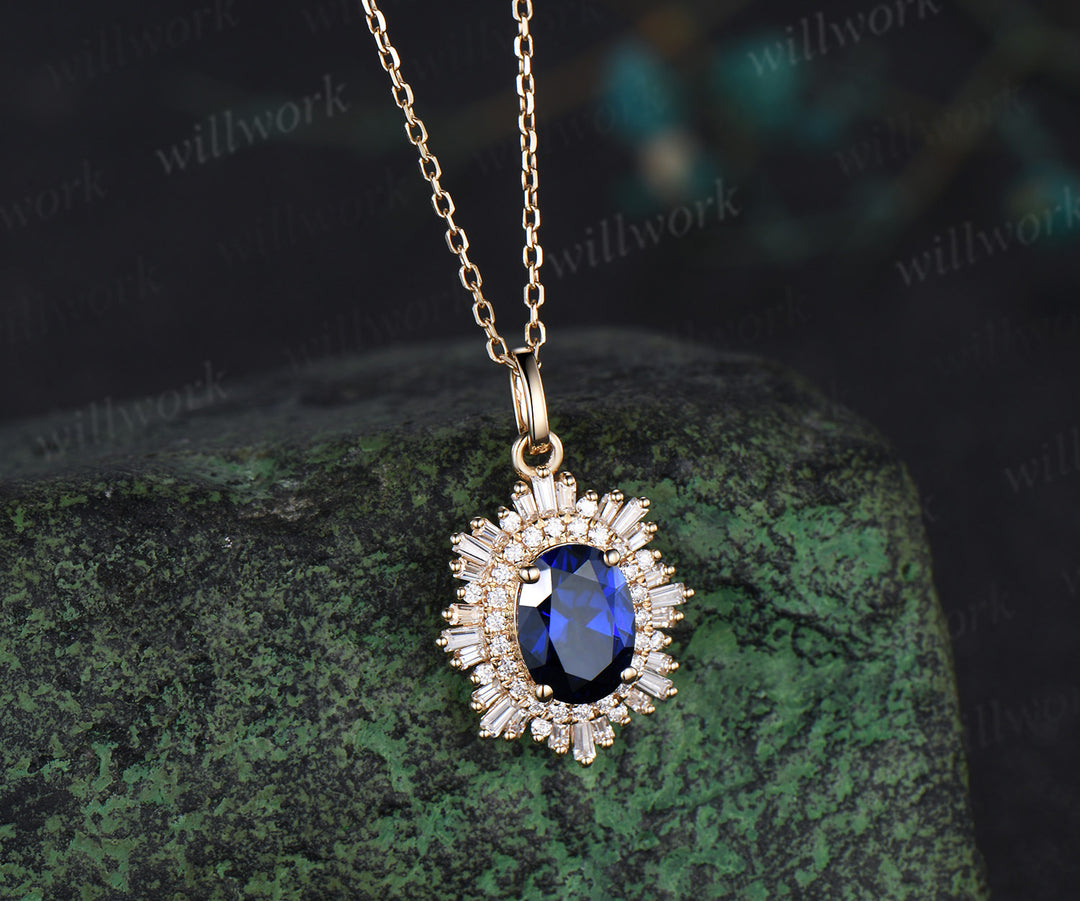 Oval blue sapphire necklace unique double halo diamond pendant necklace antique solid 14k 18k yellow gold necklace for women