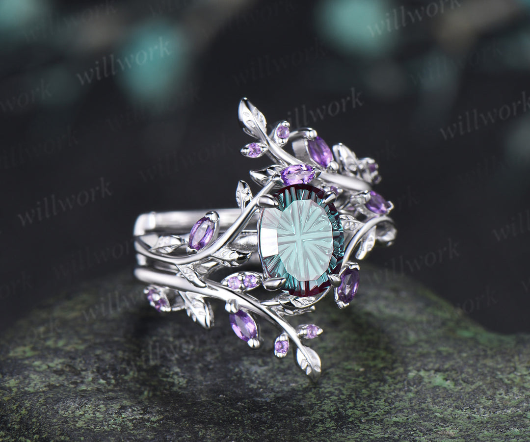 Oval Fantasy Cut Alexandrite Leaf Vine Engagement Ring Amethyst Twig Enhancer Band Nature Inspired Alexandirte Bridal Set