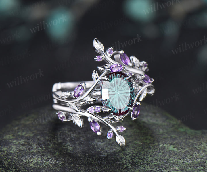Oval Fantasy Cut Alexandrite Leaf Vine Engagement Ring Amethyst Twig Enhancer Band Nature Inspired Alexandirte Bridal Set