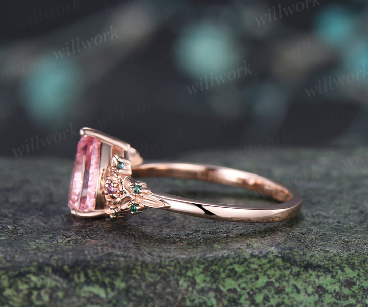 Fantasy Cut Padparadscha Engagement Ring Pear Shape Pink Sapphire Floral Amethyst Emerald Leaf Nature Inspired Ring