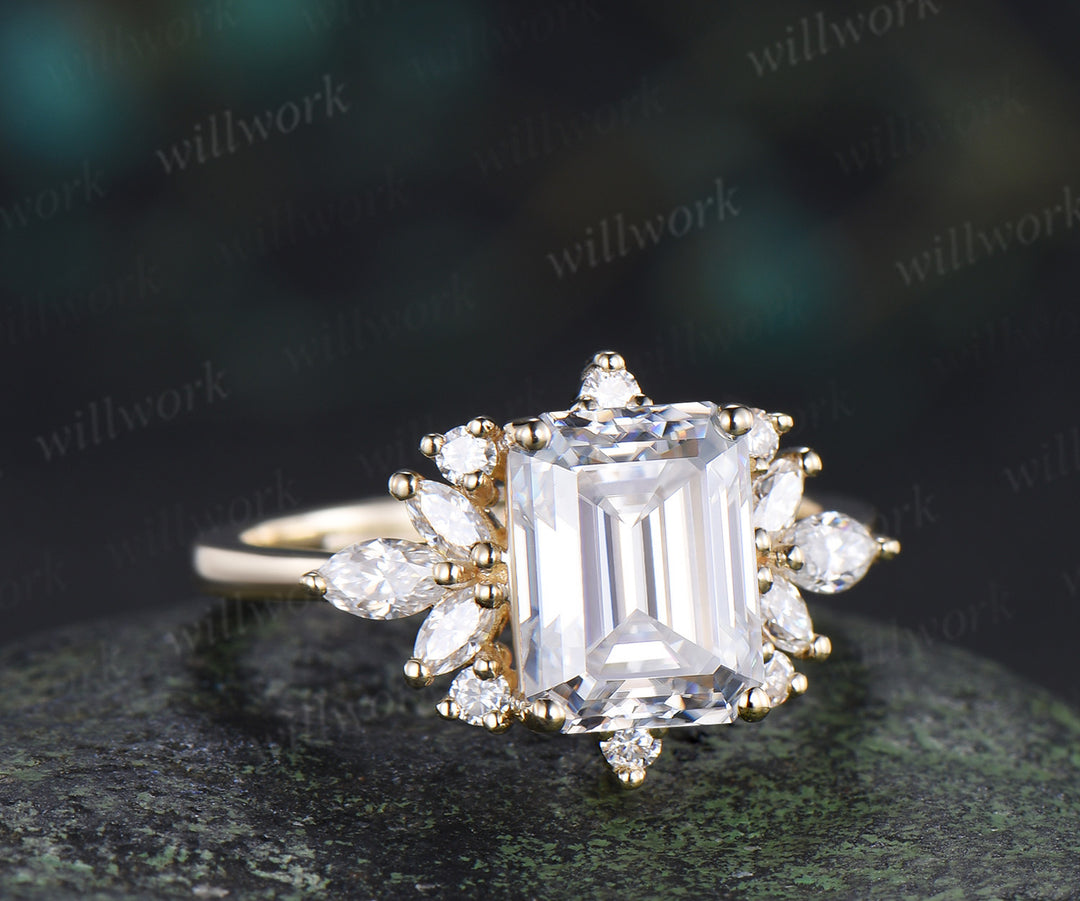 Emerald cut moissanite engagement ring unique cluster marquise pear moissanite promise wedding ring