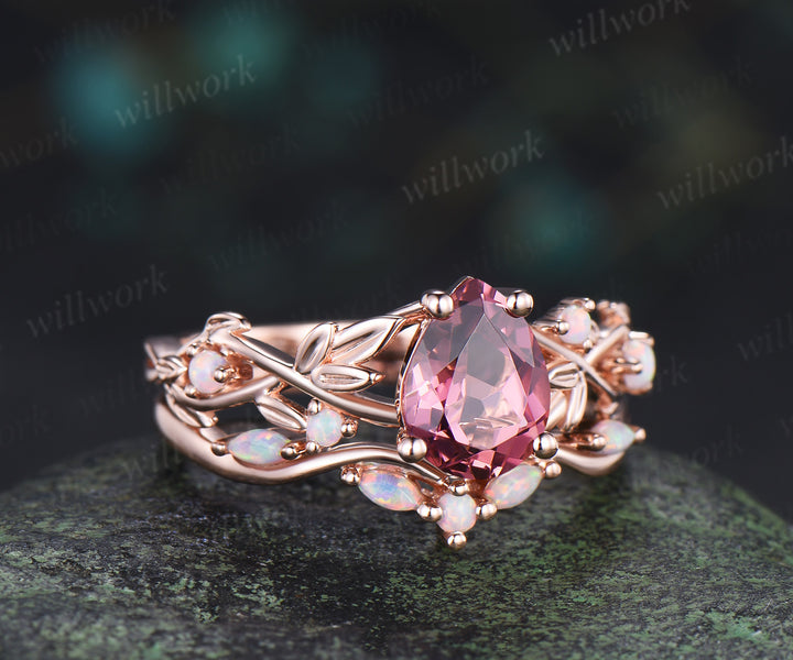 Pear cut natural pink tourmaline leaf engagement ring set nature inspired twig accent opal ring bridal set